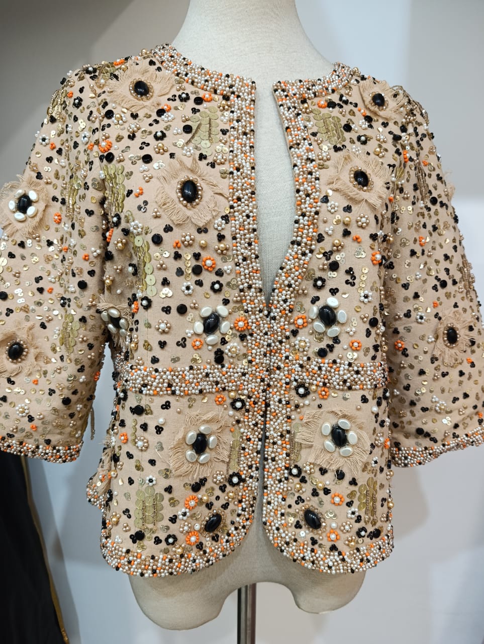 Beige hand-beaded Western bolero jacket with pearl, sequin and bead work