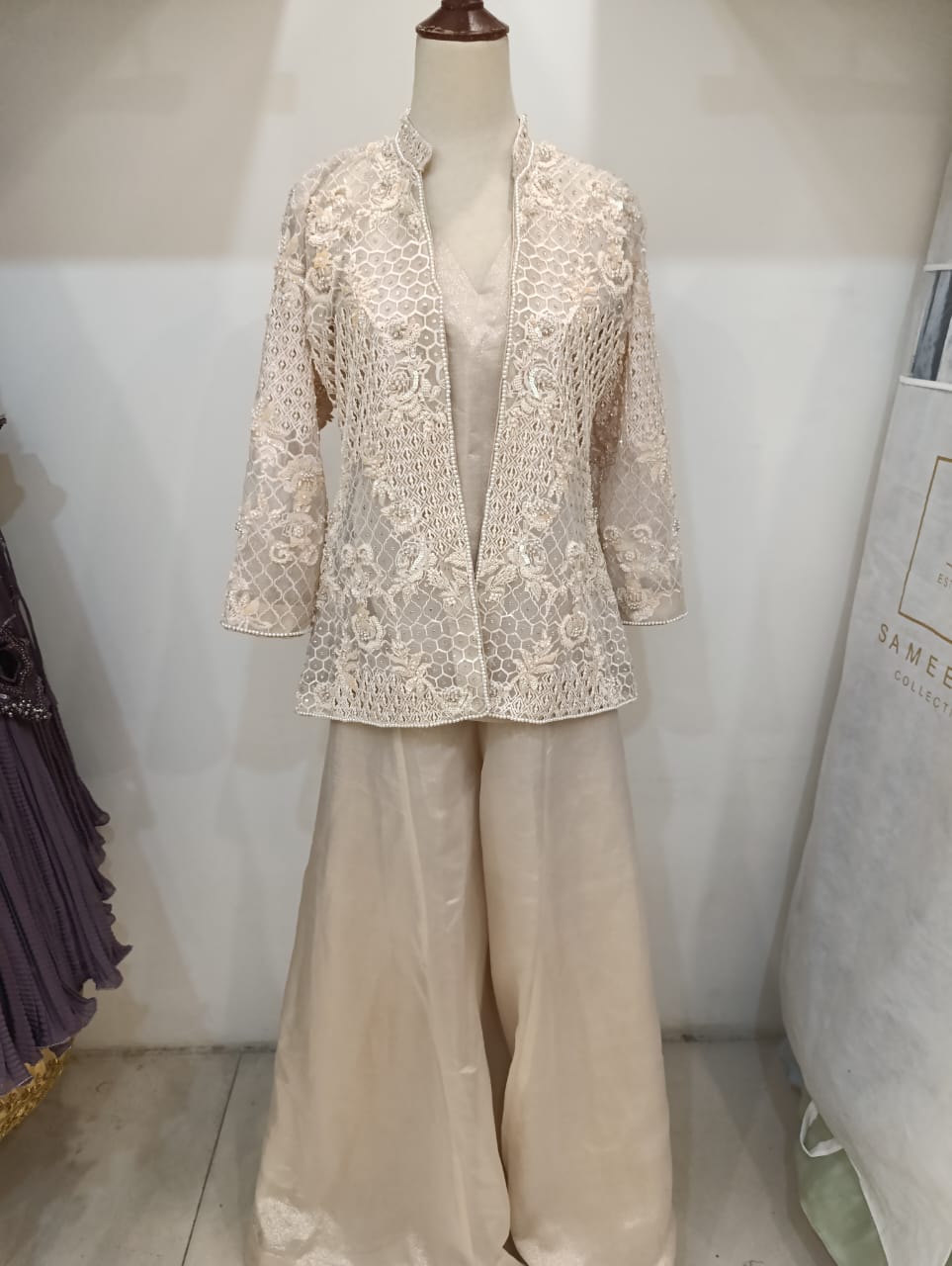 Ivory crochet lace embroidered jacket over palazzo